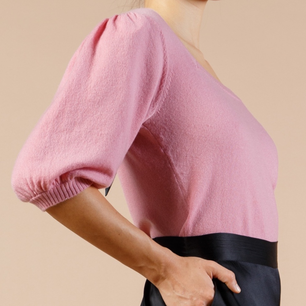 Pink Cashmere Sweater w Silk Bow Puff Sleeve - Picture 2 of 8